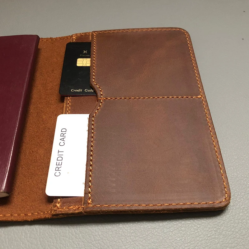 Passport Holder Travel Essentials Wallet Cover Case Women Men Unisex Crazy Horse Genuine Leather Credit ID Card Retro Homemade