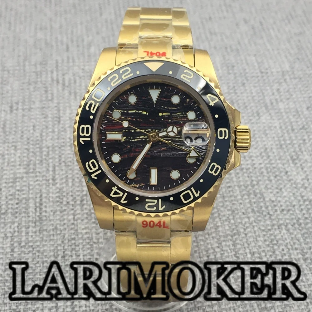

LARIMOKER 41MM Full Gold GMT Men's NH34 Automatic Mechanical Watches Sapphire Glass Ceramic bezel Diving 10Bar Steel Strap