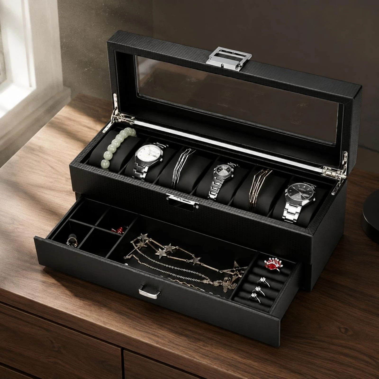 Watch and Jewelry Storage Box Pull-out Drawer Watch Display Storage Case Double-Layer Jewelry Box Transparent Window Hinged Lid