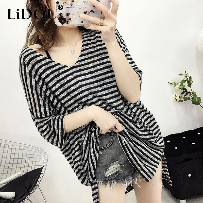 2023 Summer Female Clothing Oversize Striped V-neck Loose Midi Tops Women Korean Style Fashion Comfortable Short Sleeve T-shirt