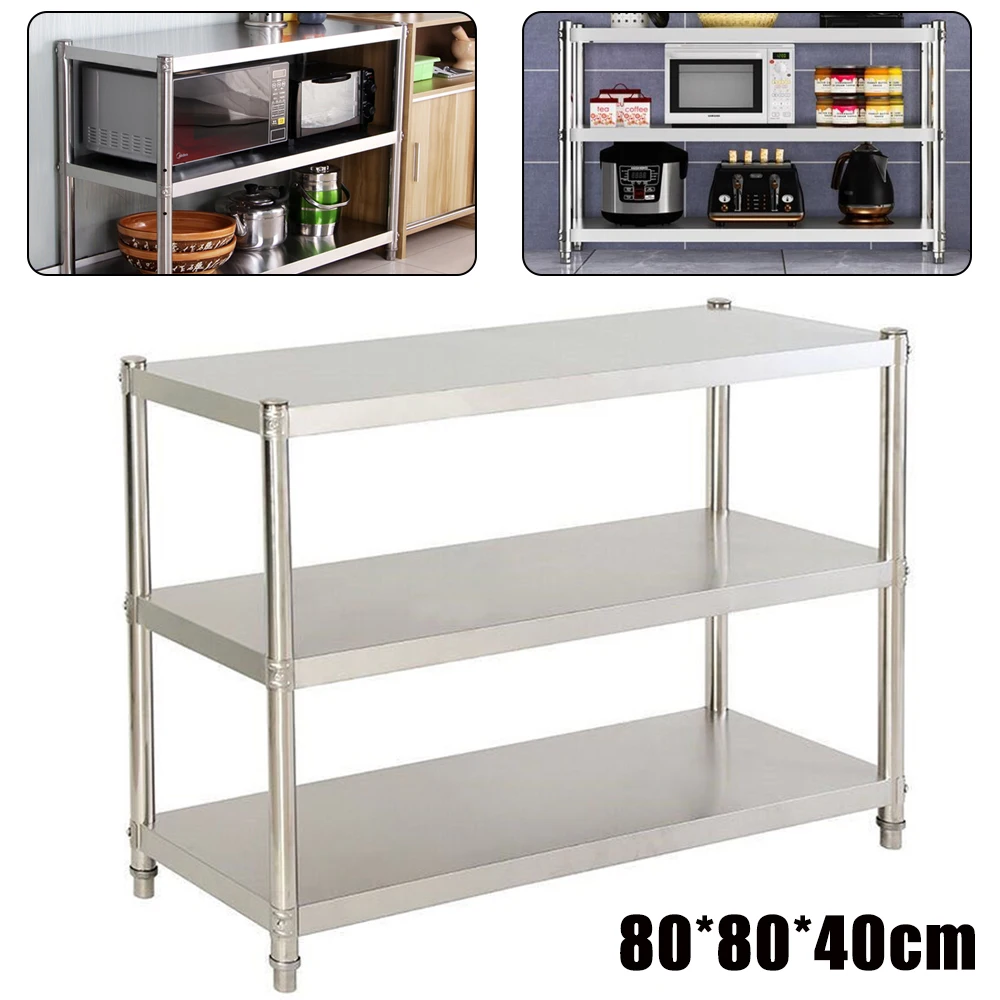 3 Floors Kitchen Shelf Stainless Steel Gastro Shelf Heavy Duty Shelf 80x80x40cm Garage Shelf Metal with 50kg Load Capacity