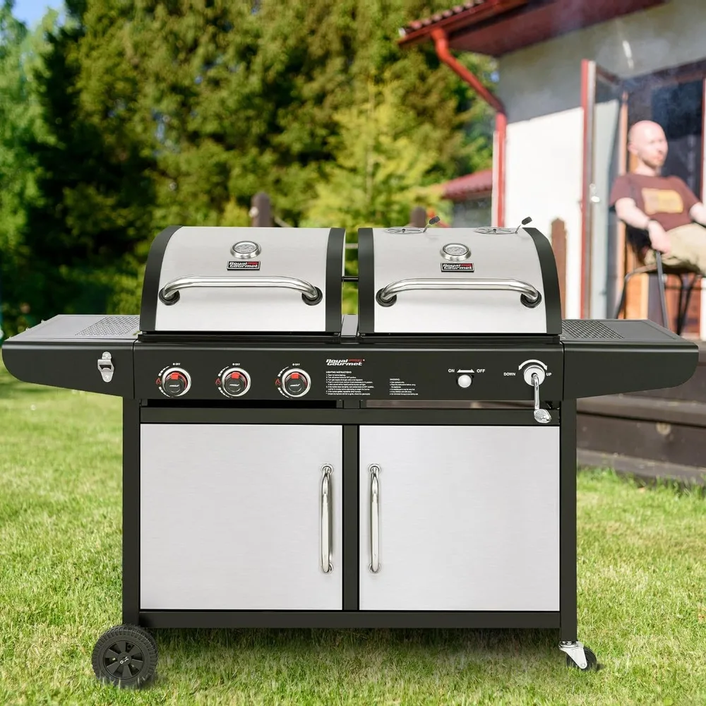 3-Burner 25,500-BTU Dual Fuel Gas and Charcoal Grill Combo, Cabinet Style, Outdoor BBQ Garden Barbecue Cooking, Silver BBQ Grill