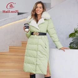 HaiLuoZi 2023 Women's Winter Coat Long Thick Parkas Wtih Fox Fur Warm Fashion Belt Design Side Zippers Women Jackets 1109