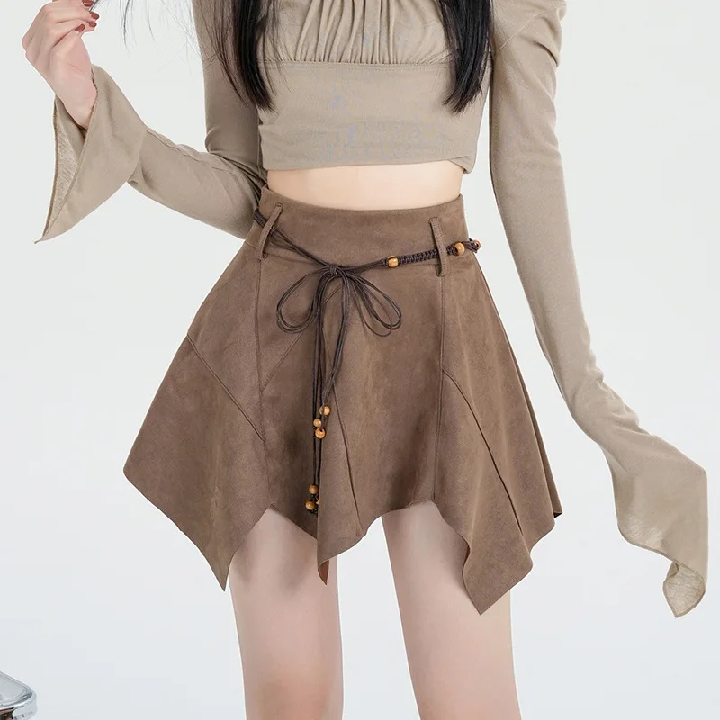 

Khaki Vintage Pleated Skirt Women High Waist Harajuku Korean Asymmetrical Casual 90s Y2k Streetwear Mini Skirt