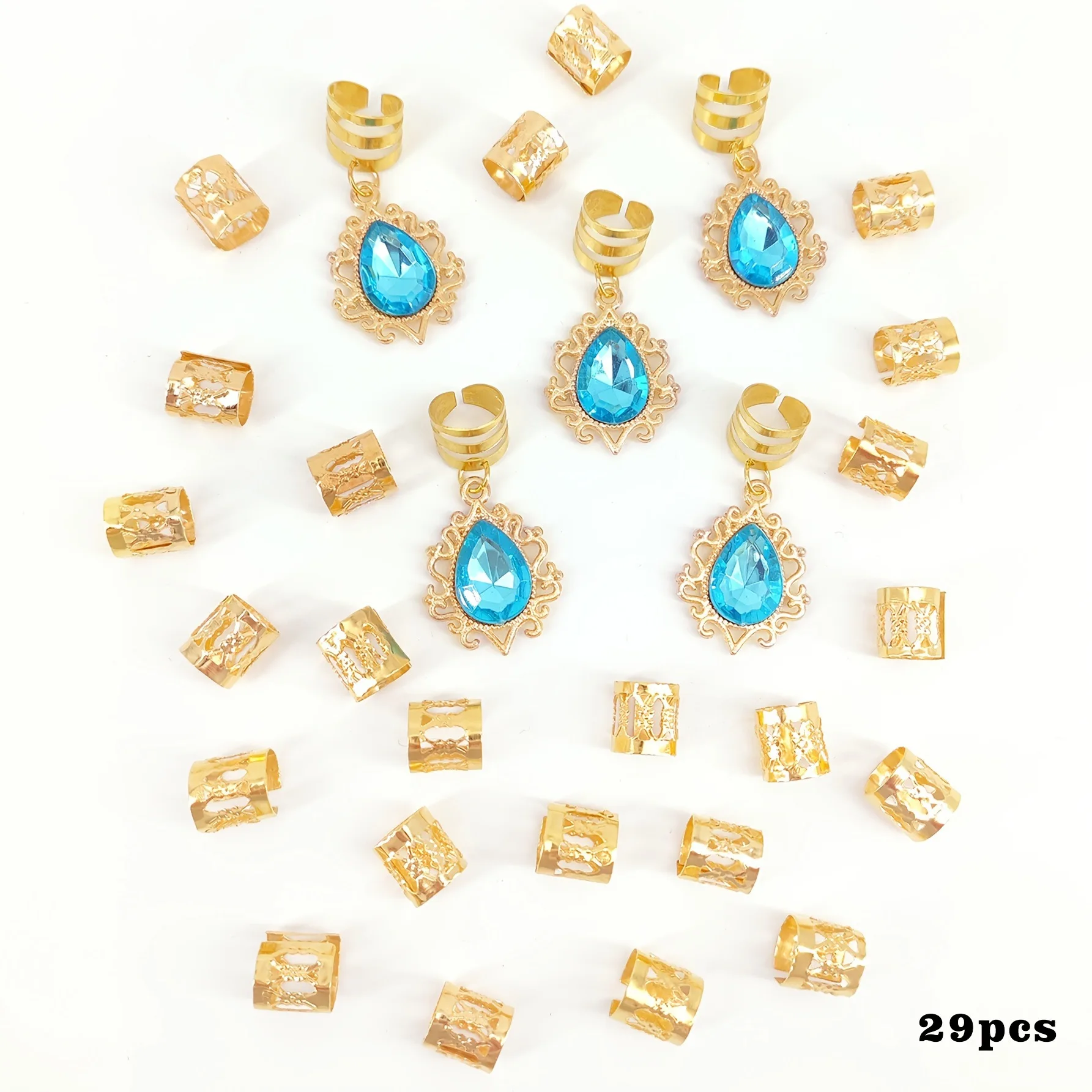 29개 보헤미안 메탈 미니멀리스트 사파이어 드레드락 땋은 머리 링 세트 (댄스 및 생일 파티용)