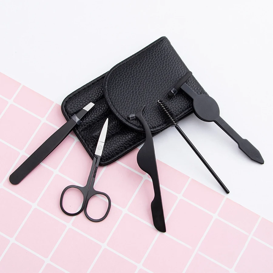 5PCS Stainless Steel False Eyelashes Auxiliary Tool Eyebrow Clip Brush Tweezers Leather Cover Beauty Tool Set