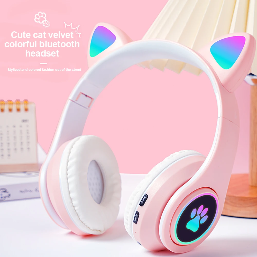 Cute Cat Wireless Headphones RGB Cute Cat Ears Headset With Microphone Noise Cancelling Kid Stereo Music Children\'s Gifts