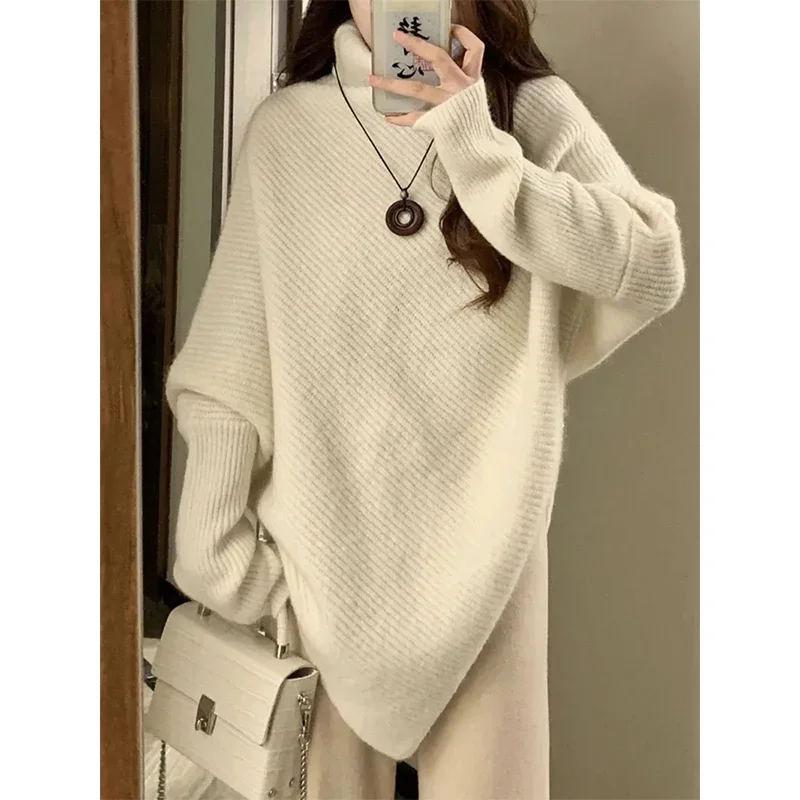 MEXZT Irregular Turtleneck Sweater Women Vintage Knitted Pullovers Korean Asymmetrical Knitwears Streetwear Casual Chic Jumper