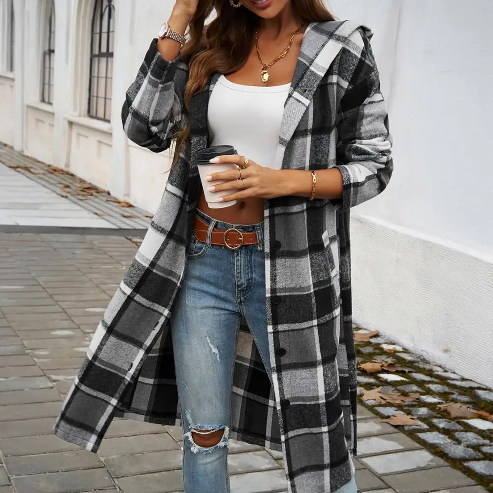 Plaid Coat Plaid Print Hooded Coat for Women Stylish Mid-length Outerwear with Pockets Contrast Color Detail Spring/fall Fashion