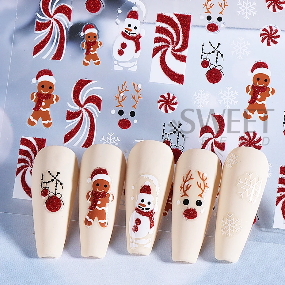 3d Kerst Nail Art Sticker Glitter Eland Sneeuwpop Peperkoek Man Emblemen Zelfklevende Sneeuwvlok Schuifregelaars Diy Manicure Decoratie