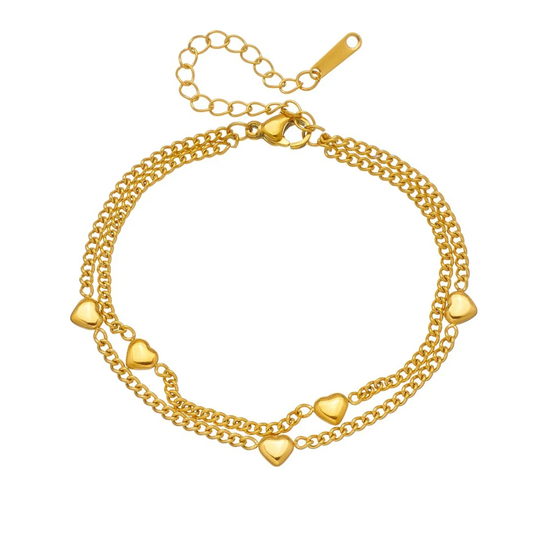 

Punk Fashion Love Heart Charm Bracelet Gold Color Stainless Steel Double Layered Cuban Chain Bracelet for Woman Romantic Jewelry
