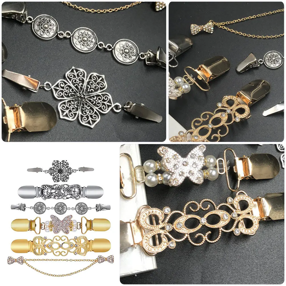 

6pcs Vintage Shawl Collar Clips Decorative Clothing Brooch Pins For Women Cardigan Sweater Clasps Reusable Metal Scarf Clips