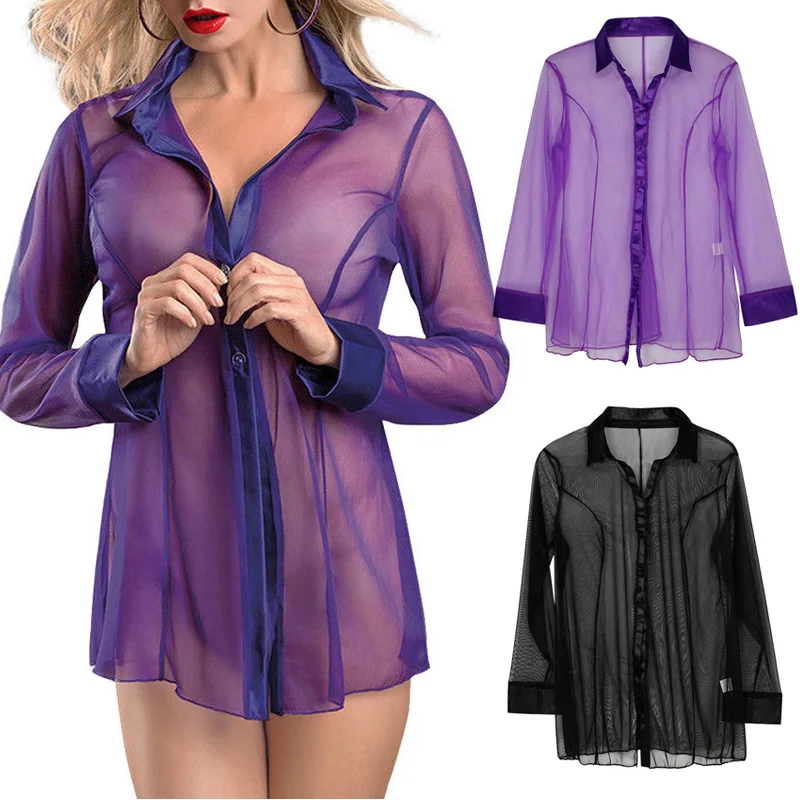 

Women's Sheer Shirt Sexy Mesh Blend Lingerie Transparent Robe Nightwear Shirtdress See-through Erotic Sleepwear seductive