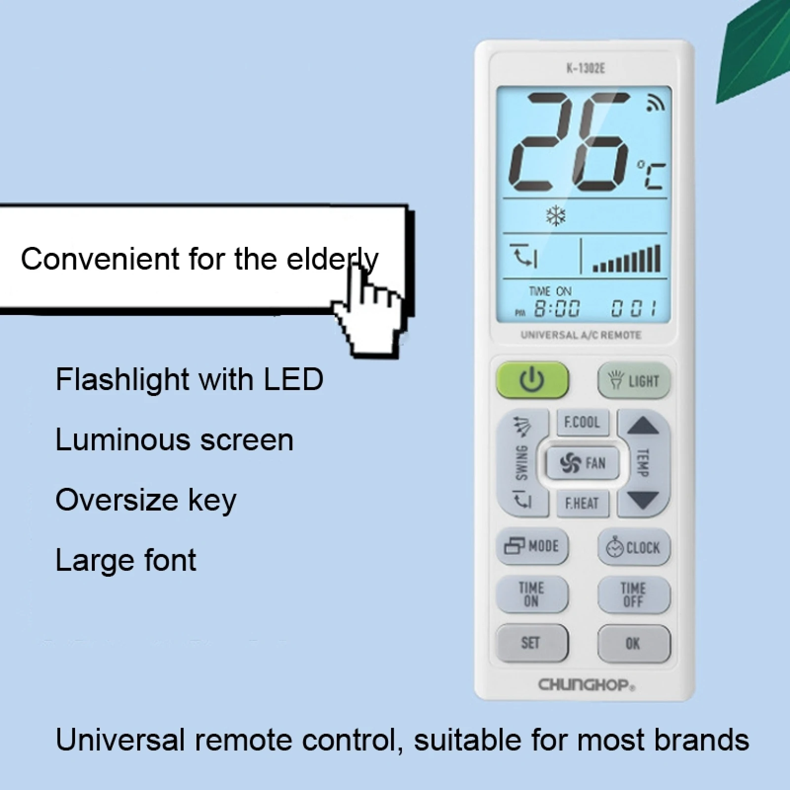 CHUNGHOP K-1302E / K-1308E Night Light Large Screen Battery Universal Air Conditioner Remote Control