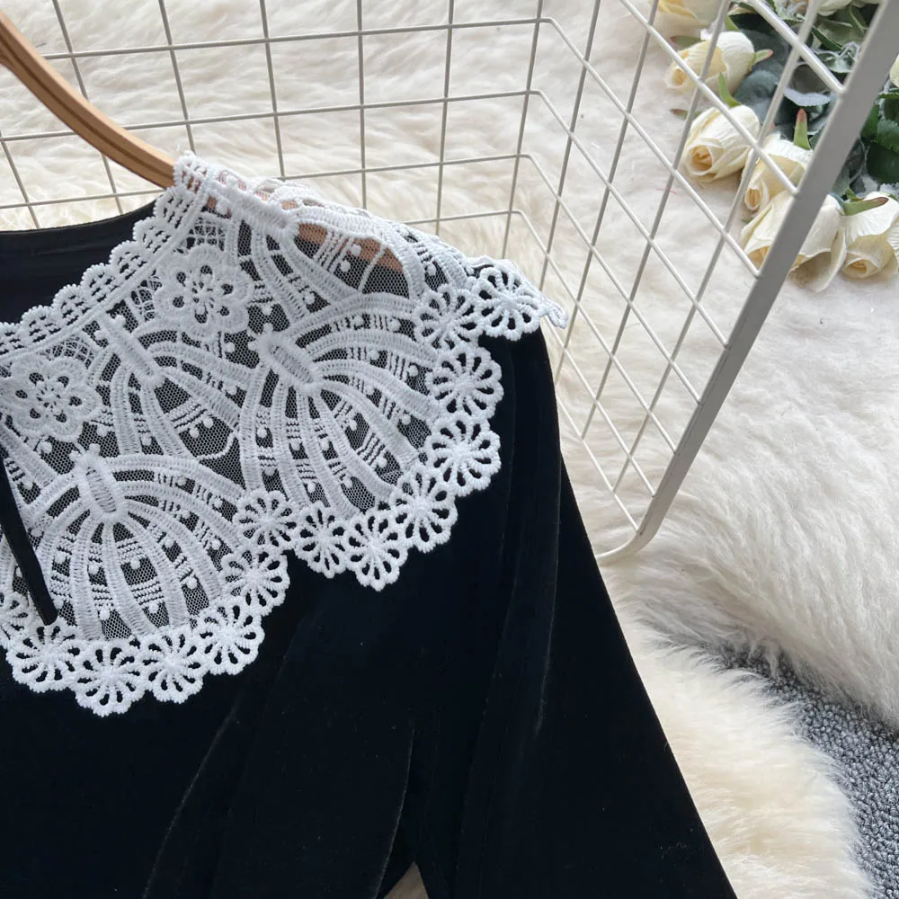 vintage Elegant long sleeve velour lace Dress Chic Vestidos Women Fashion Retro ceremony dresses