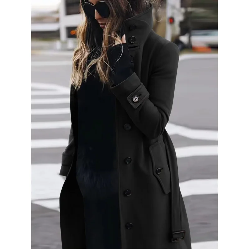 2024Autumn and Winter Cross-Border plus Size Woolen Women\'s Coat AliExpress Single Row Multi-Buckle Woolen Collar Decorated with