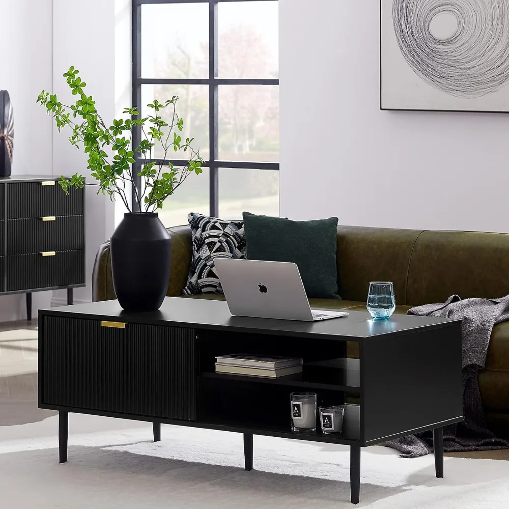 

Black Coffee Table, 48" Modern Center Table for Living Room, Cocktail Table w/Waveform Panel Sliding Door, Large Storage Space,