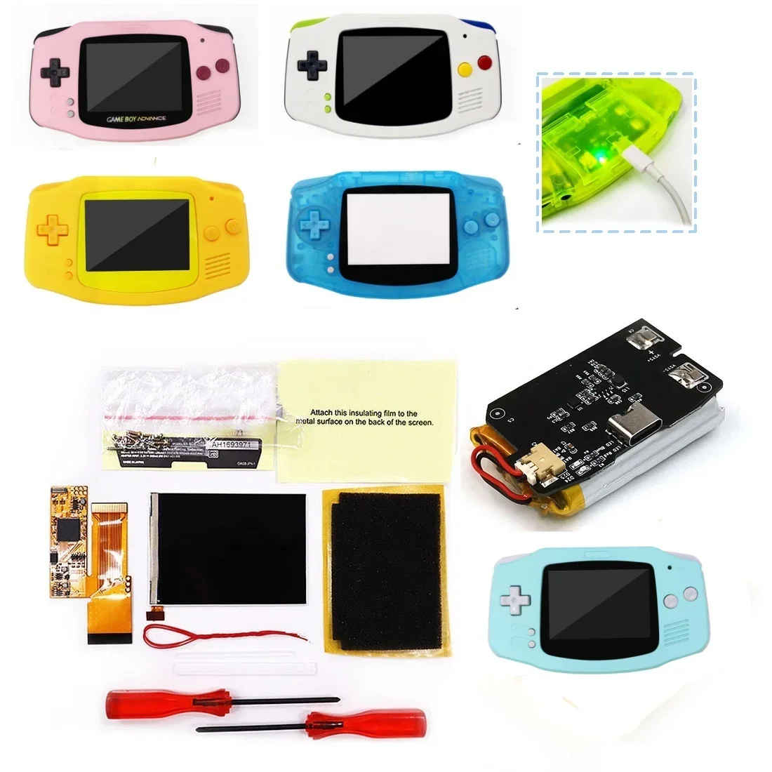 Rechargeable Battery IPS Screen V2 GBA LCD Screen 10 Levels High Brightness Backlight For  Game boy Advance  with UV housing