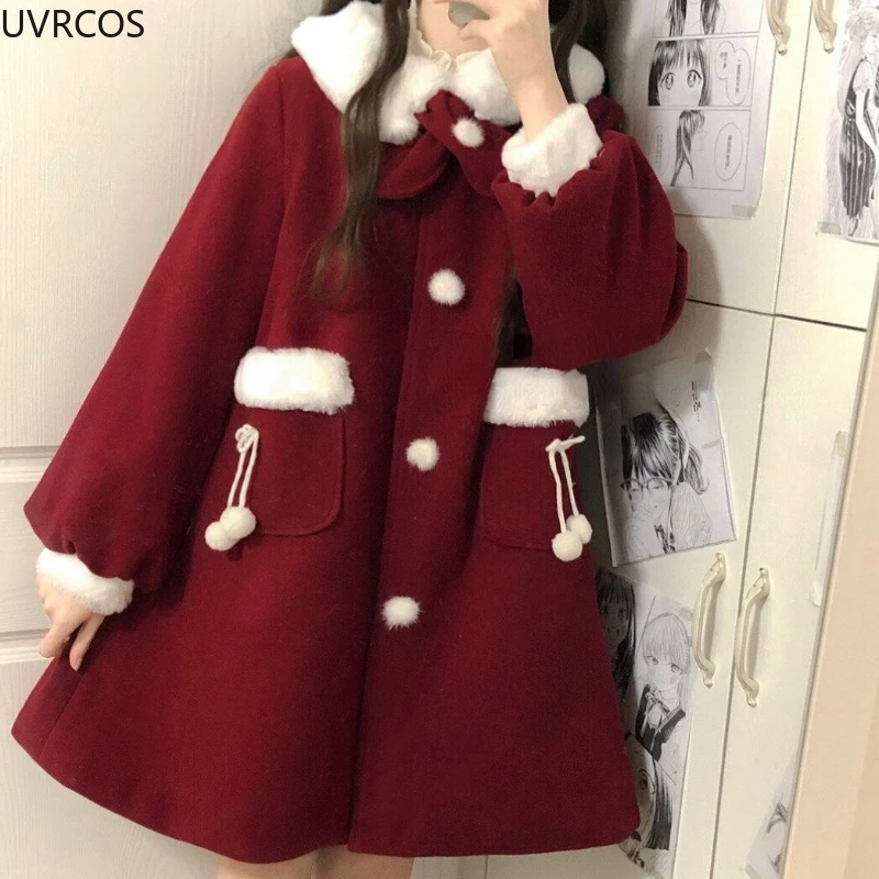 Winter Kawaii Red Wool Coats Women Loose Japanese Sweet Lolita Outwear Jacket Female Korean Style Pockets Warm Bow Overcoat 2024