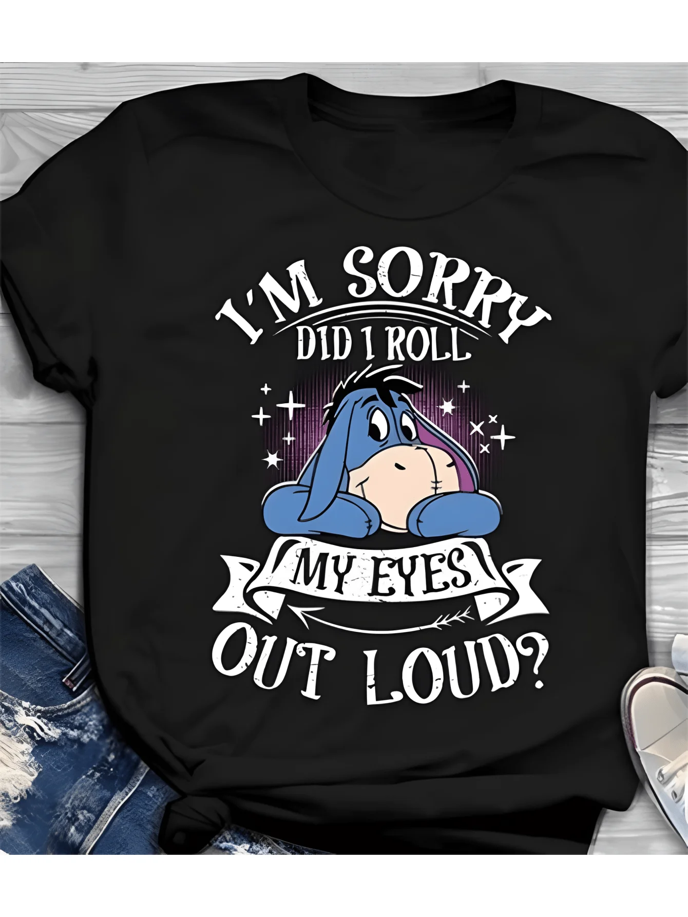 T-shirt taglie forti da donna Estate Nuovo Eeyore Disney Cartoon stampato a maniche corte Tendenza moda Top casual allentato versatile