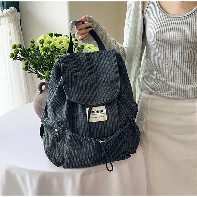 Modischer Rucksack, koreanischer Karo-Rucksack mit Kordelzug für Studenten, Unisex-Schultasche, leichter Damenrucksack mit großer Kapazität – Detail 14