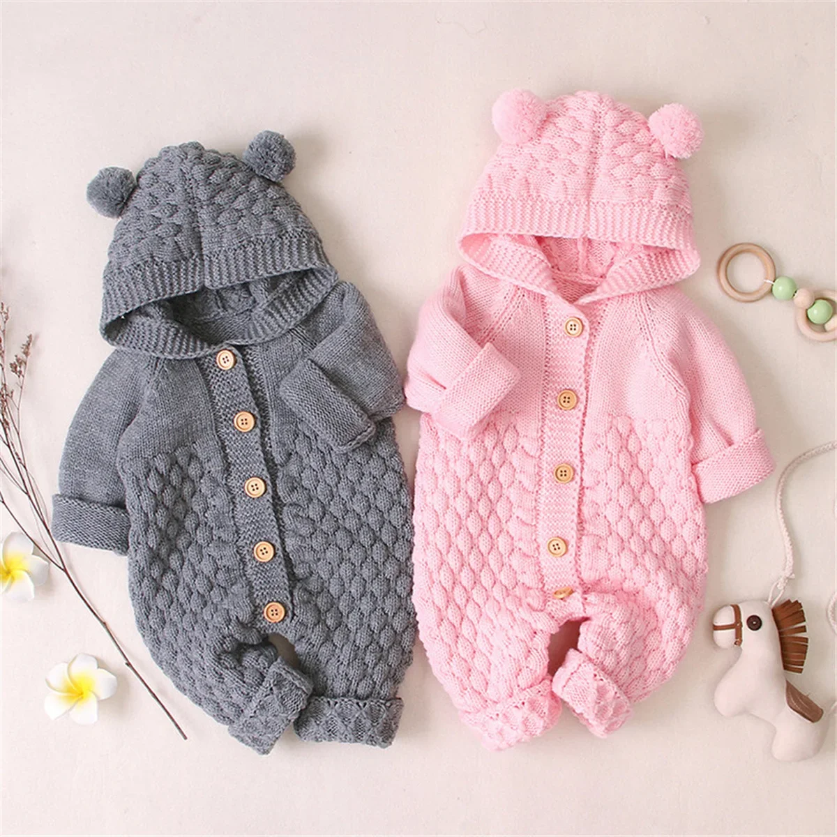 Baby Girls Bear Ear Knit Romper Boys Hooded Newborn Sweater Kids Jumpsuit  Babys Outfit Autumn Winter