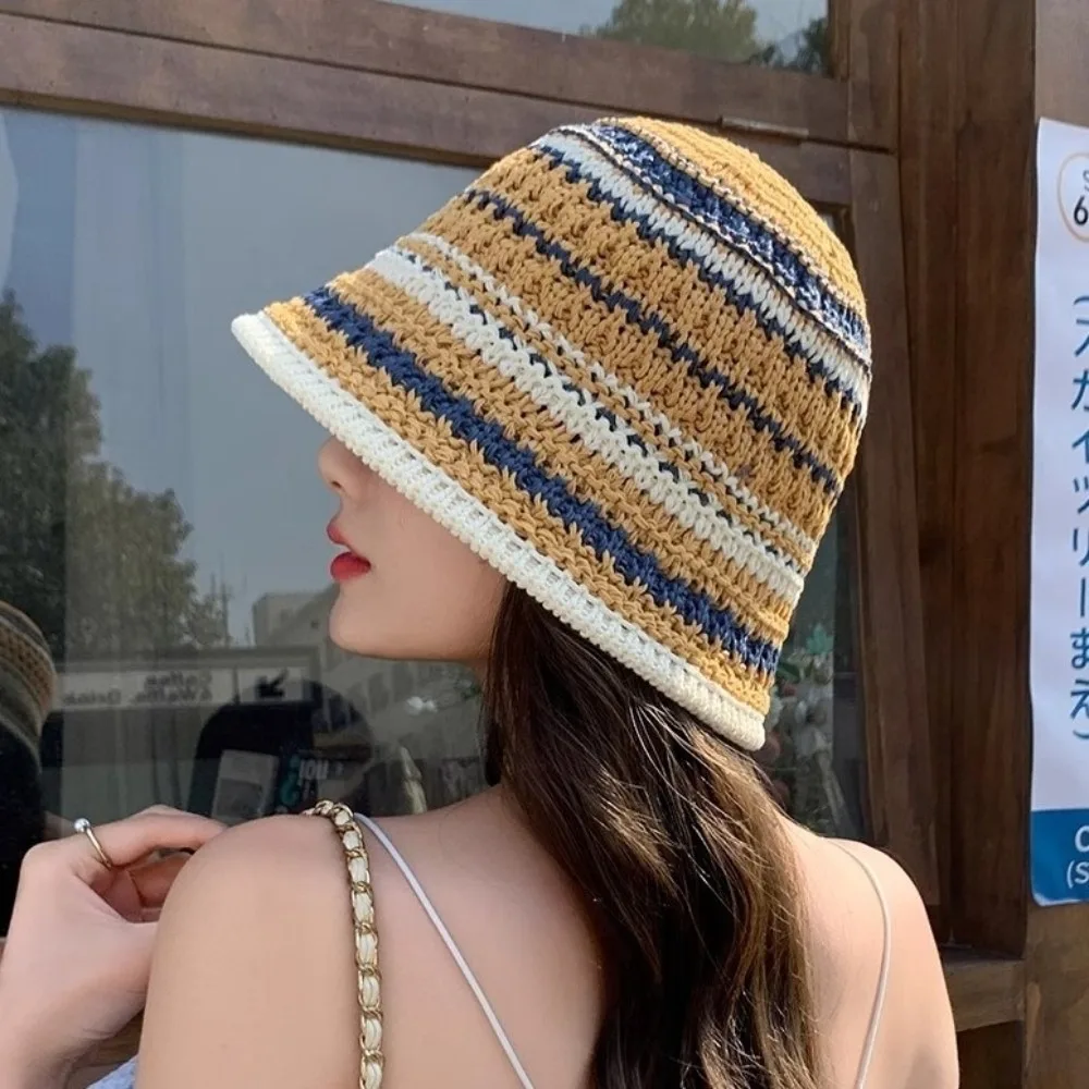 

Elegant Colorful Knitted Bucket Hat Temperament Hollow Sunshade Basin Cap Korean Style Breathable Fisherman Hat Spring