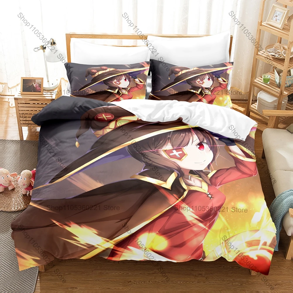 Cool Megumin Konosuba Duvet Cover + 2 Pillowcases Kazuma Aqua Darkness Collage Print Soft Quilt Cover Set New Anime Bedroom Deco