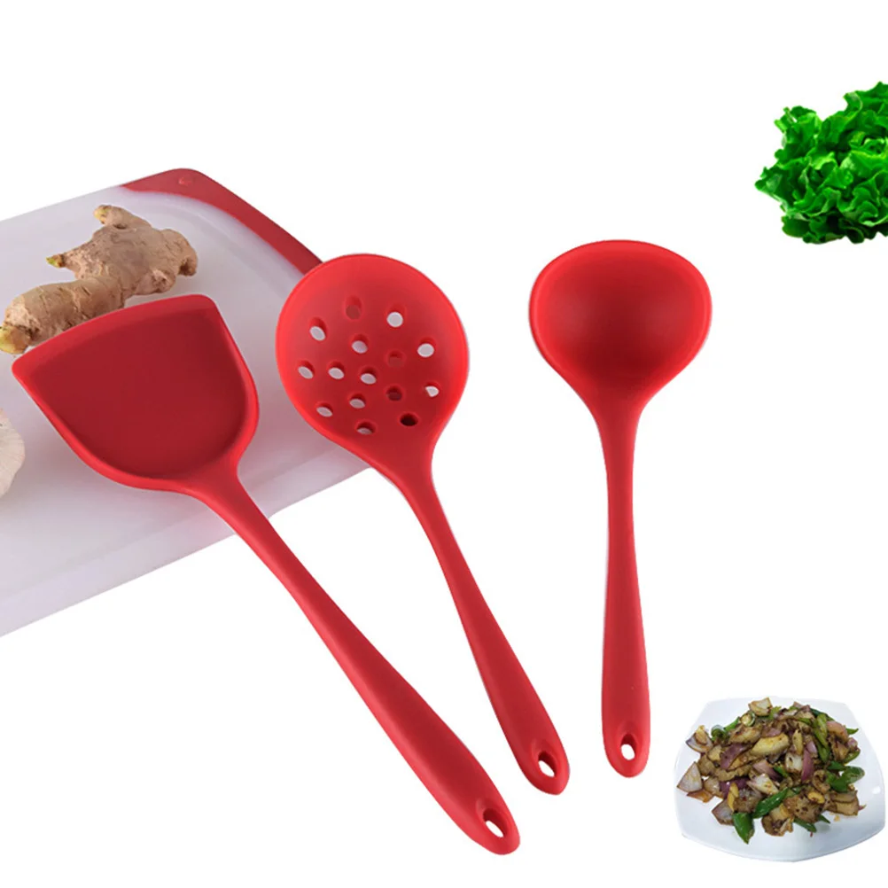 

3Pcs Silicone Cooking Utensils Set Ergonomic Lightweight Kitchen Tools with Hanging Loops Red Silicone Utensil Set