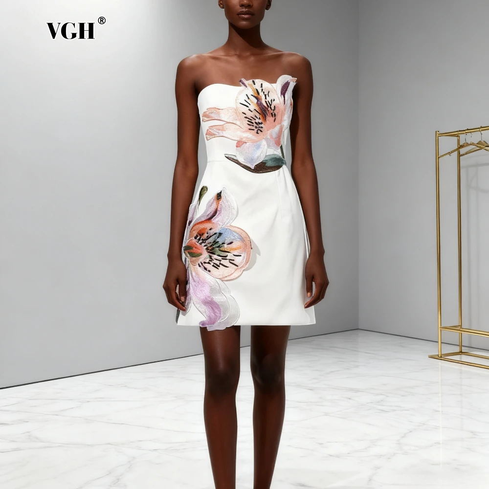 VGH Formal Evening Appliques Design Dresses for Women Strapless Sleeveless High Waist Slimming Elegant Mini Dress Female Style