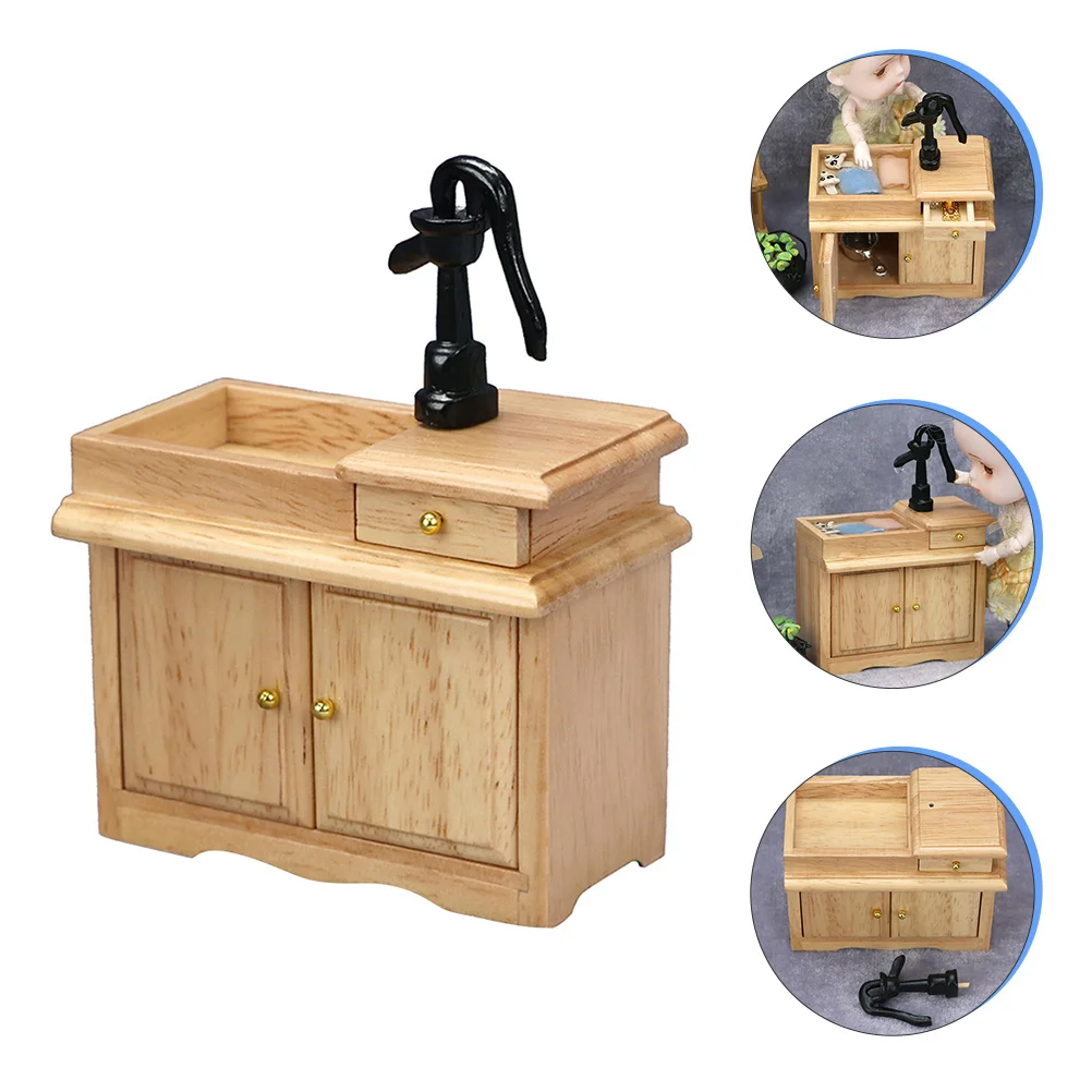 Dollhouse Sink Toy Mini Cabinet Ornament Model Wash Basin Crafts Figurines Wood Child