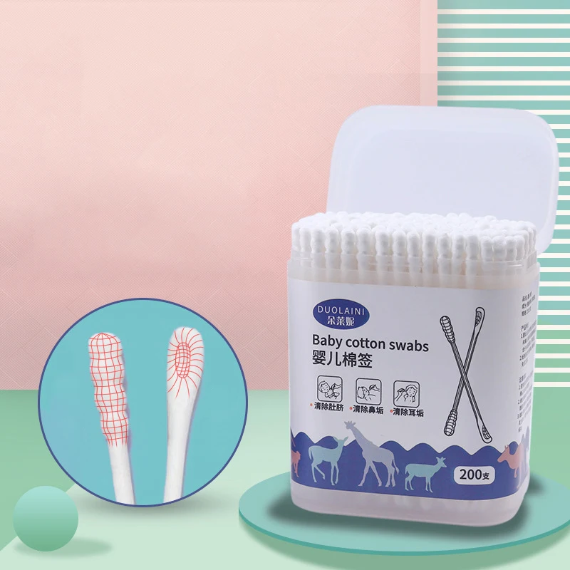 200 قطعة مزدوجة المتاح أعواد قطنية ماكياج الأنف الأذن العصي تنظيف الوبر الحرة القطن دوامة الأذن الرعاية براعم مسحات أداة العناية بالطفل