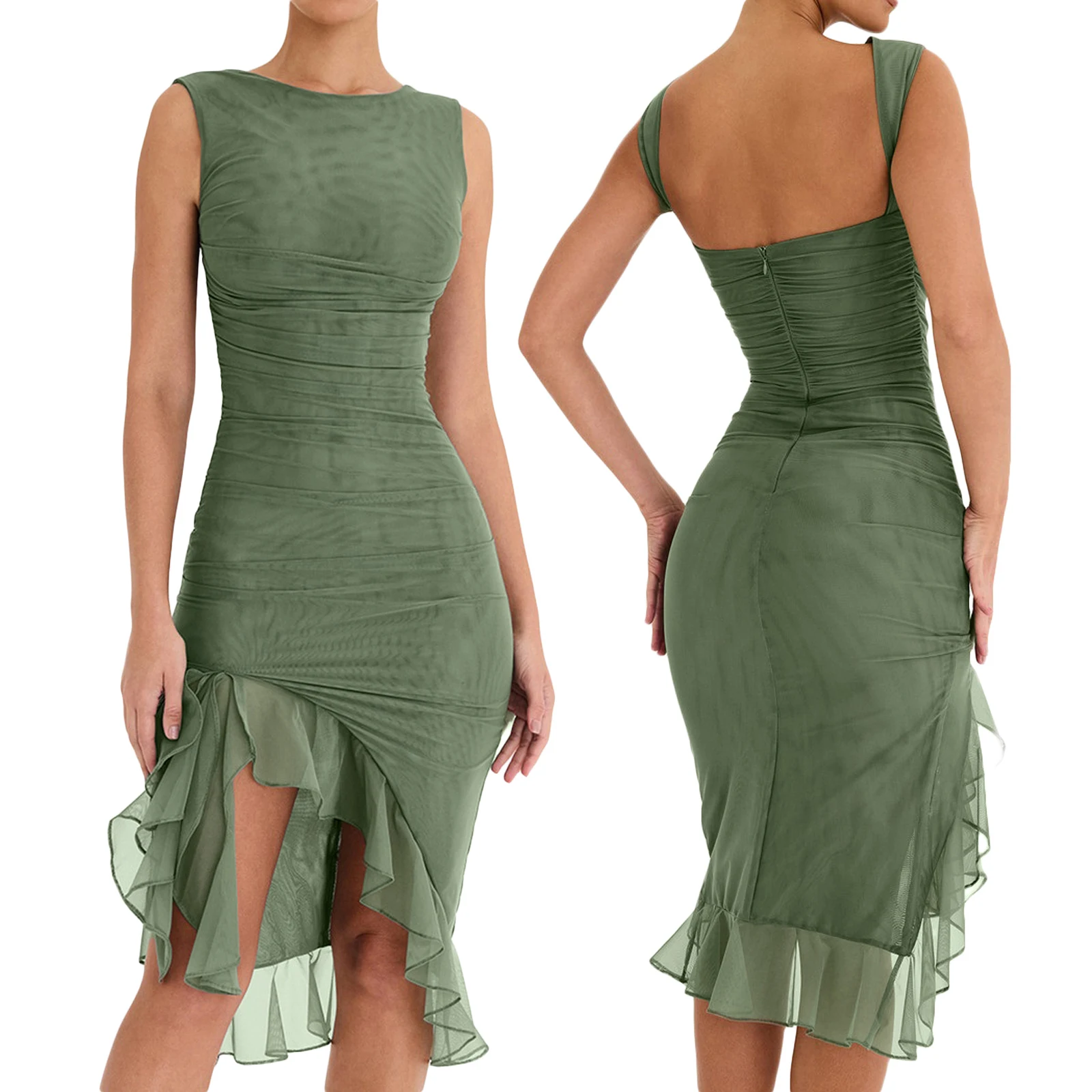 

Fairy Ruffles Tassel See Through Midi Dress Side Split Bodycon Dress Fashion Party Casual Dress