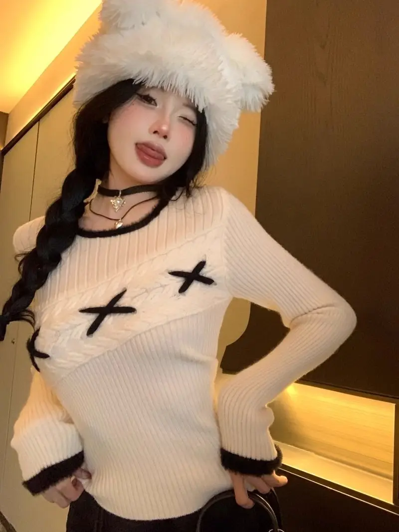 

Sweater Contrast Color Furry Stitching Korean Fashion Women'S Winter New Slim Knitted Sweater Hot Girl Y2K Knitted Sweater Top