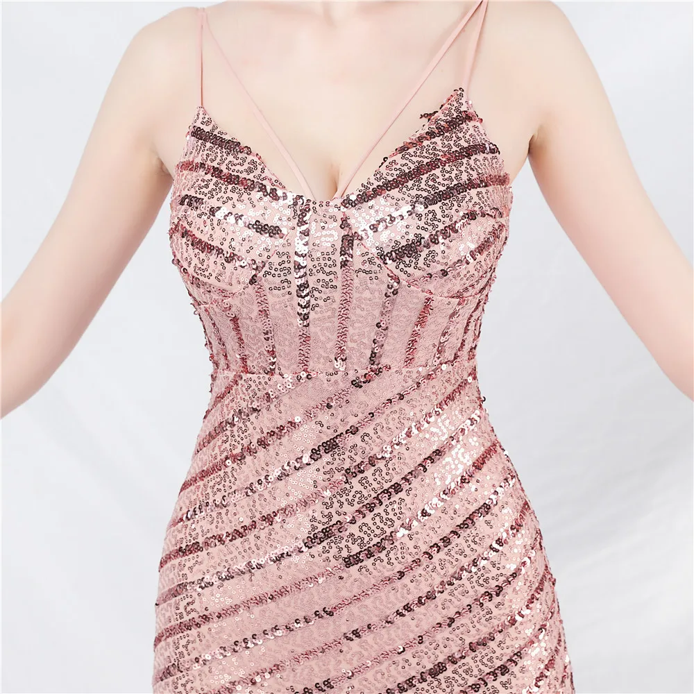 DEERVEADO Sexy Mermaid V Neck Sequins Evening Dress for Woman Strap Party Dresses for Special Events Formal Occasion Dress Long