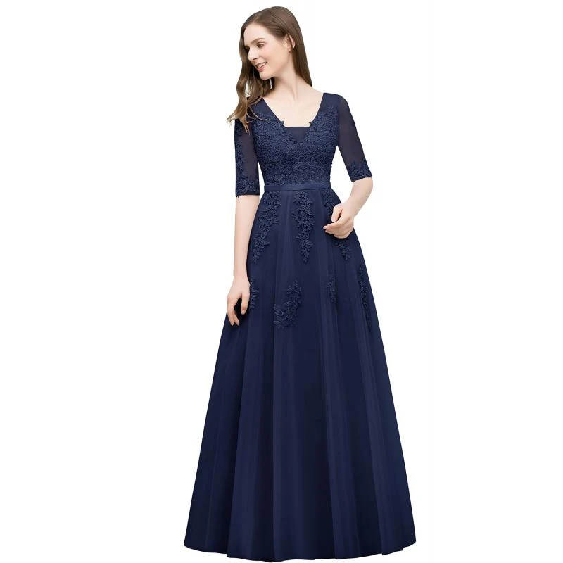 

2025 Elegant Lace Tulle Evening Dresses with Sheer Sleeves & Floral Applique, A-Line Maxi Gown with V-Back for Wedding Party