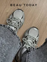 BEAUTODAY Sliver Chunky Sneakers Women Split Leather Mesh Patchwork Lace-up Closure Spring Female Leisure Shoes Handmade A29465