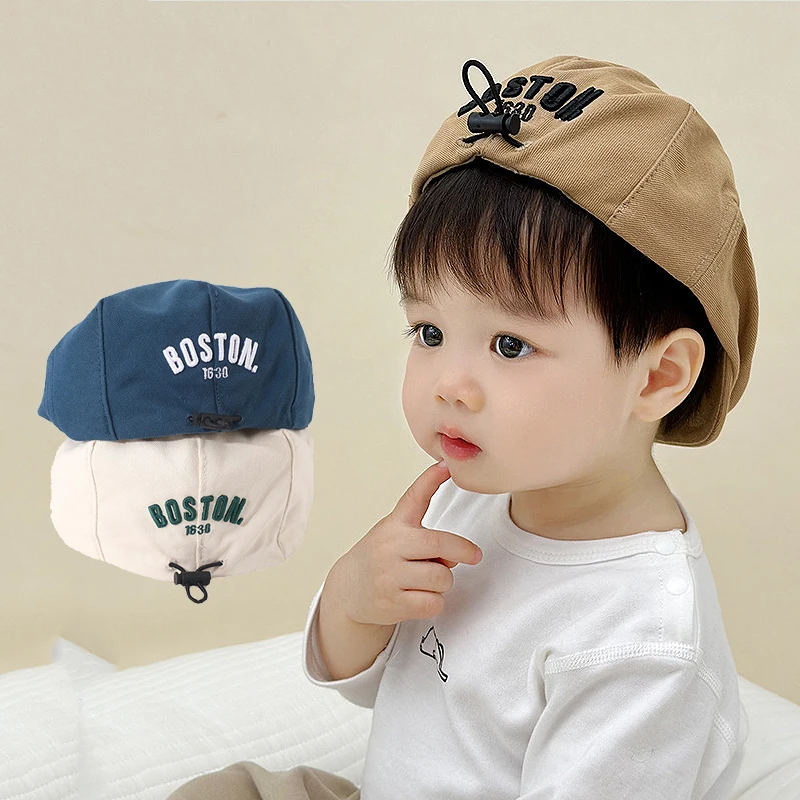 

Korean Kids Beret Embroidered Letter Children Forward Hat Solid Color Baby Duck Tongue Cap Cotton Boys Girls Outdoor Sun Visors