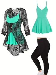 Plus Size  Ladies Elegant Black-And-Green Button Beautiful Oversize Hot Spring Button Lace Overhang Pants Three-Piece Suit