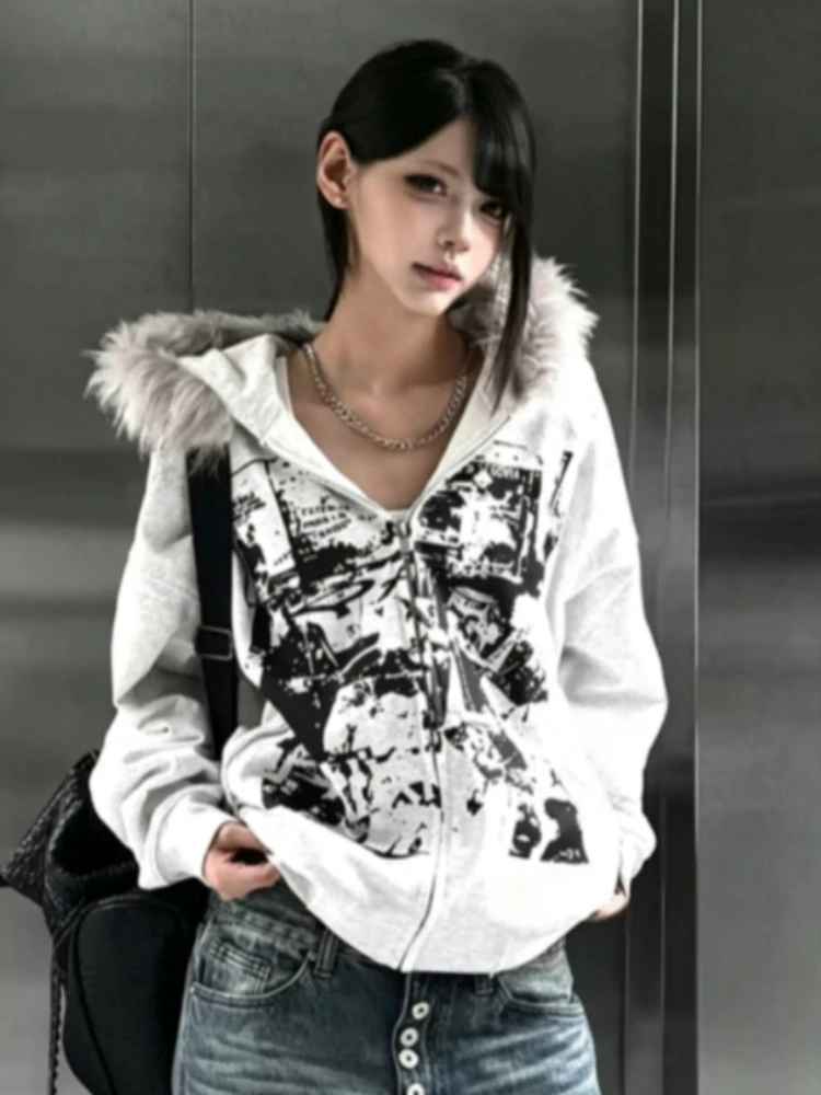 Y2K Gothic Punk Emo Harajuku Subculture Loose Fit Winter Warm Women's Hooded Faux Fur Coat American Vintage Sweatshirt Outerwear
