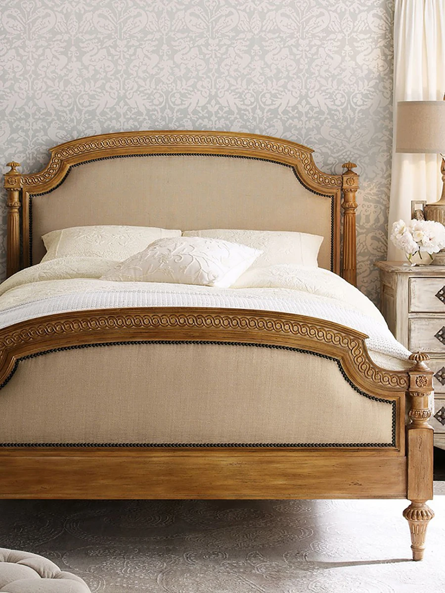 American retro solid wood bed double bed 1.8m master bedroom French carved high-end oak single bed 1.5m home