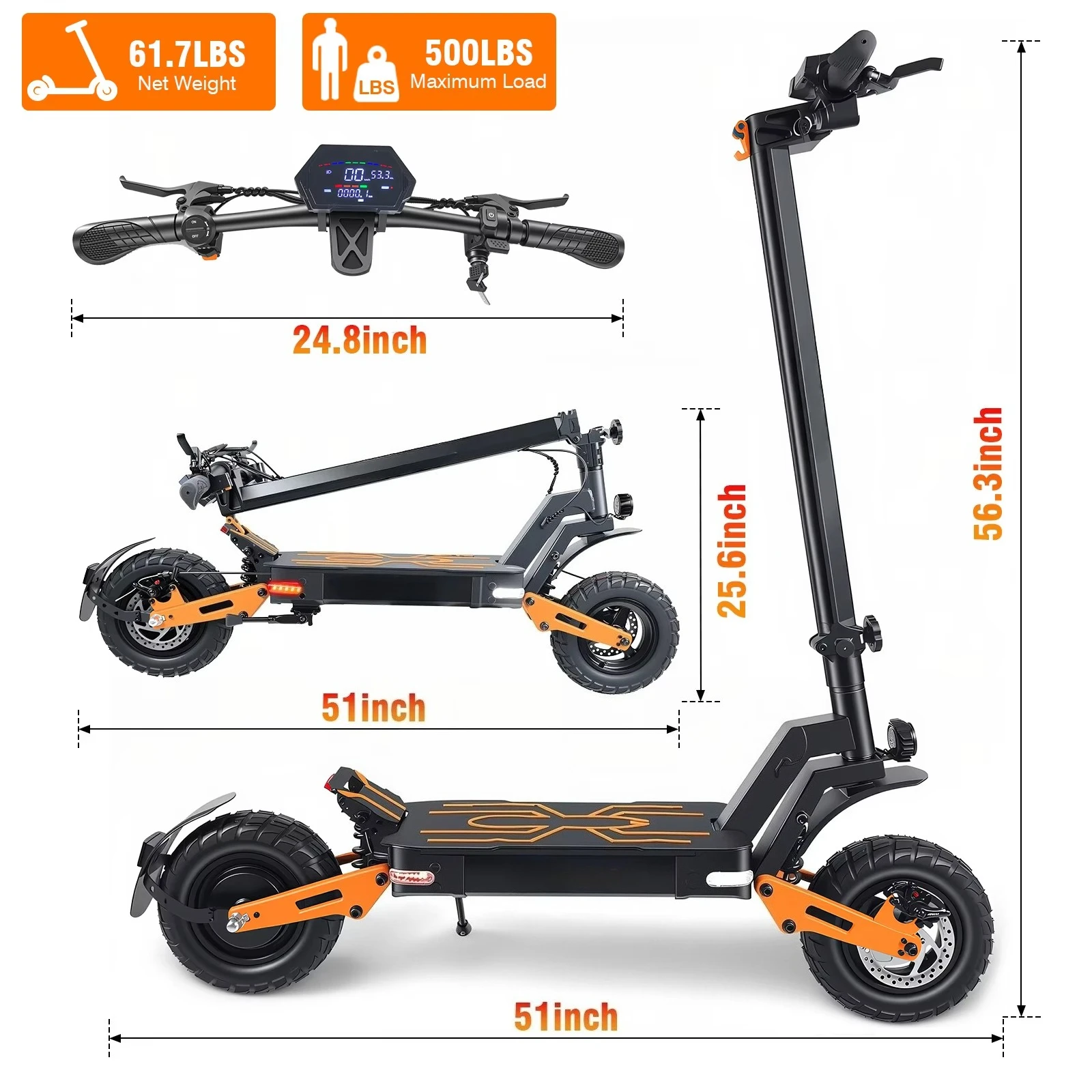 Adult off-road electric scooter 11-inch all-terrain tires 48V lithium battery 35 miles range, foldable, waterproof, portable