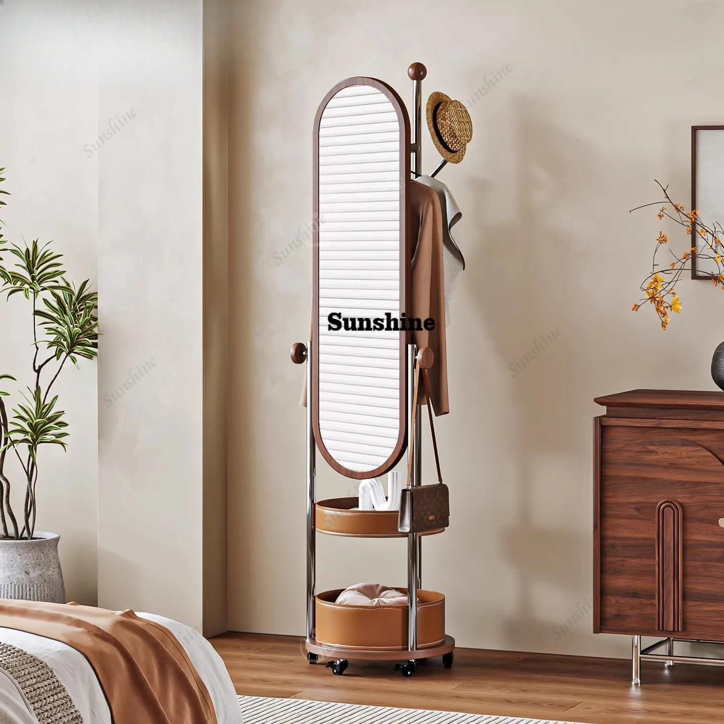 Retro mobile floor hanger full-length mirror with rack full-body mirror