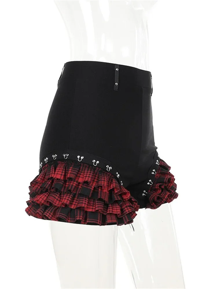 2025 Patchwork Summer Gothic Ruffle Mini Shorts Y2k Harajuku Black Red Plaid Print Aesthetic Punk Rock Kpop Short Pants 90s