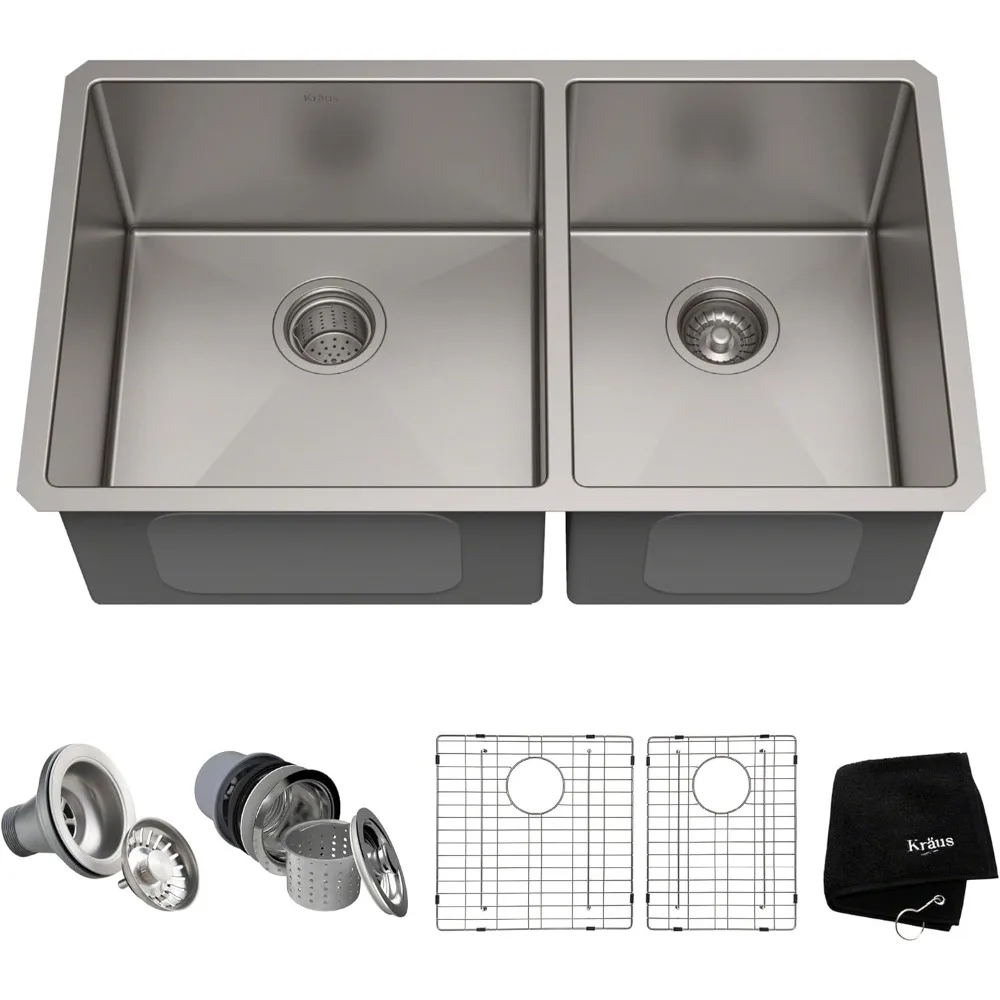 

Kraus Standard PRO 33-Inch 16 Gauge Undermount 60/40 Double Bowl Stainless Steel Kitchen Sink, KHU103-33