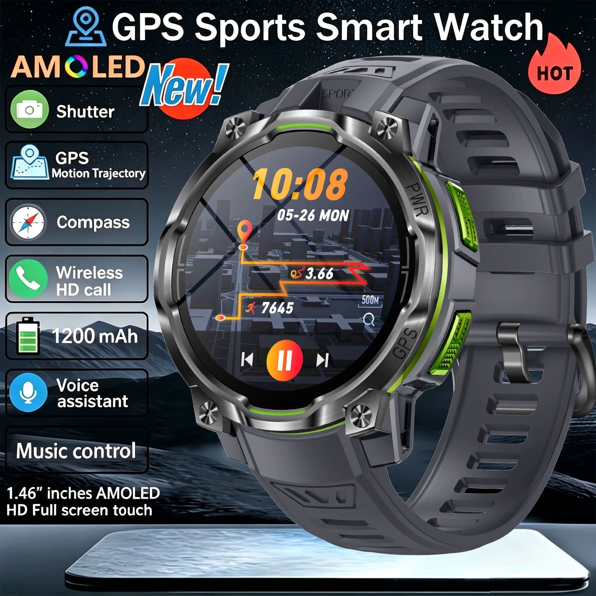 New T-Rex3 GPS Offline Map Smartwatch - 1.46-Inch AMOLED Military Sports Smartwatch - Built-in AI Voice - IPX8 Water Resistance