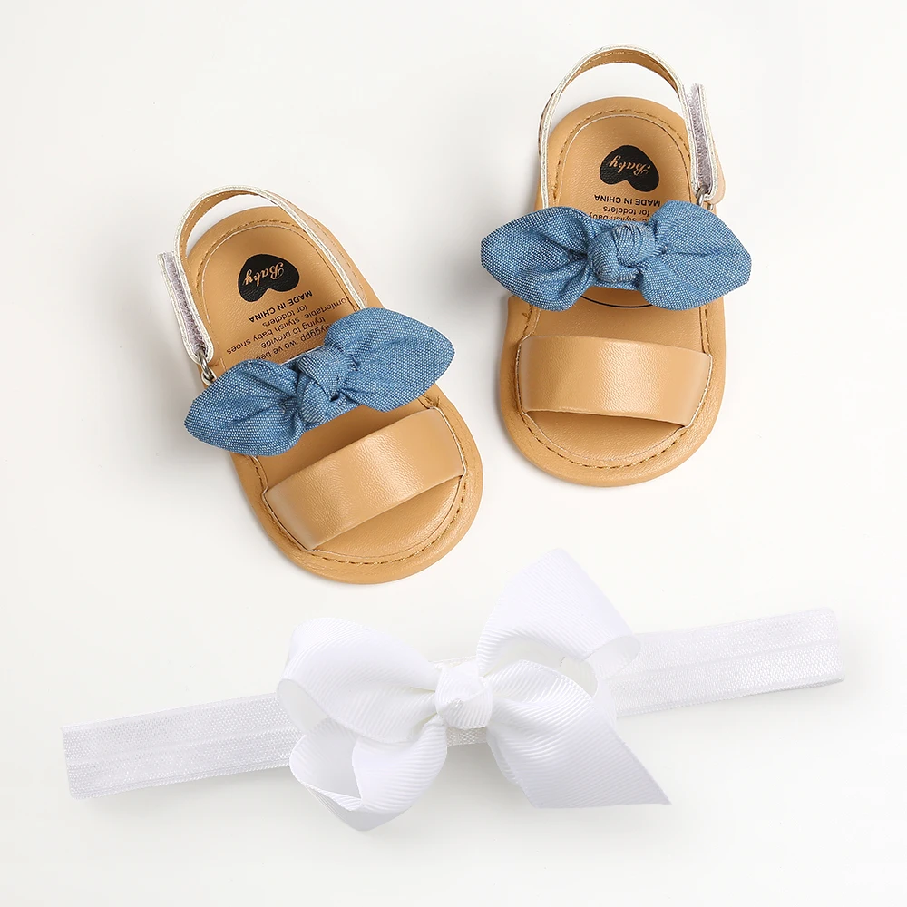 2pcs/Set Summer Cute Bowknot Toddler Girl Shoes Canvas Newborn Garden Sandals Baby Anti-slip Soft Baby Girls Shoes 0-18M with Fr