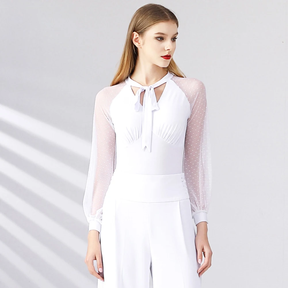 Samba Shirt Top Dancing V-neck Costume Women's jumpsuit wine red White Black Long Sleeve Prom Performance Shirt