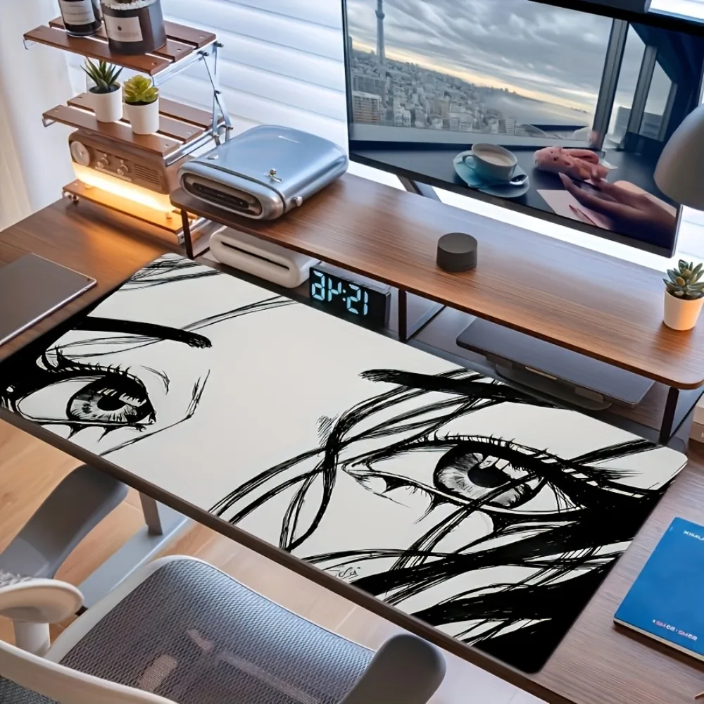 CIFBUY Large Mouse Pad Rubber Non Slip Gaming Desk Mat Anime Girl Eyes Black White Art Pattern Office Laptop Keyboard Protector