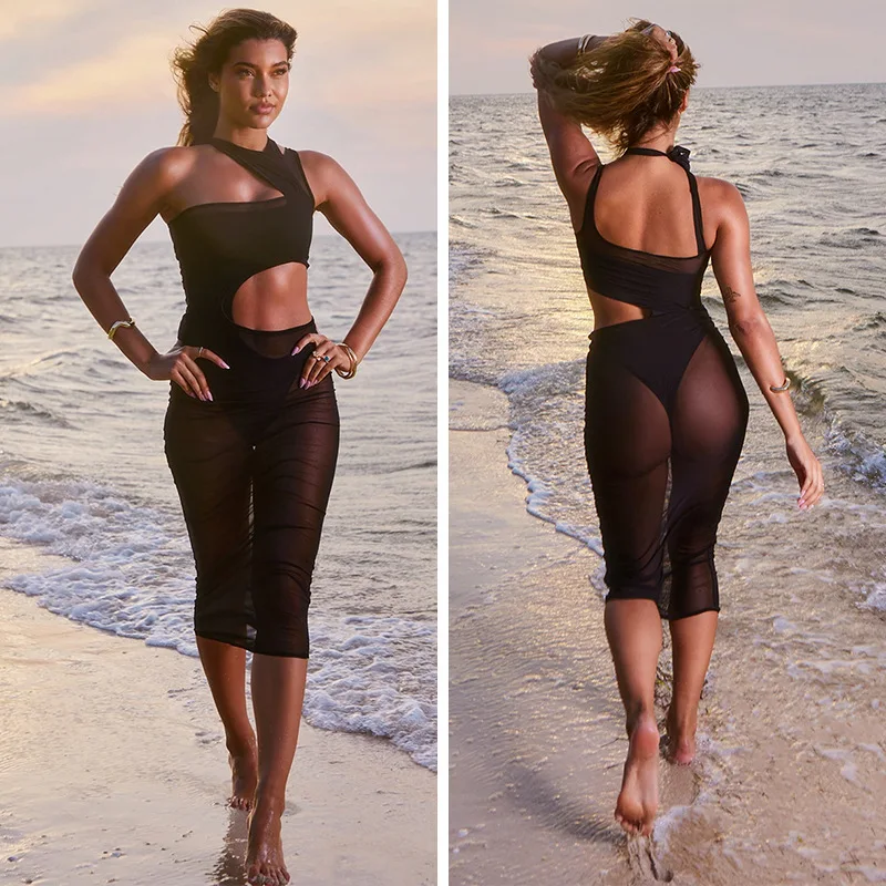 Zwart Sexy Doorzichtig Mesh Één Schouderjurk Vrouwen Elegante Mouwloze Uitgesneden Bodycon Avondfeestjurken Vestidos